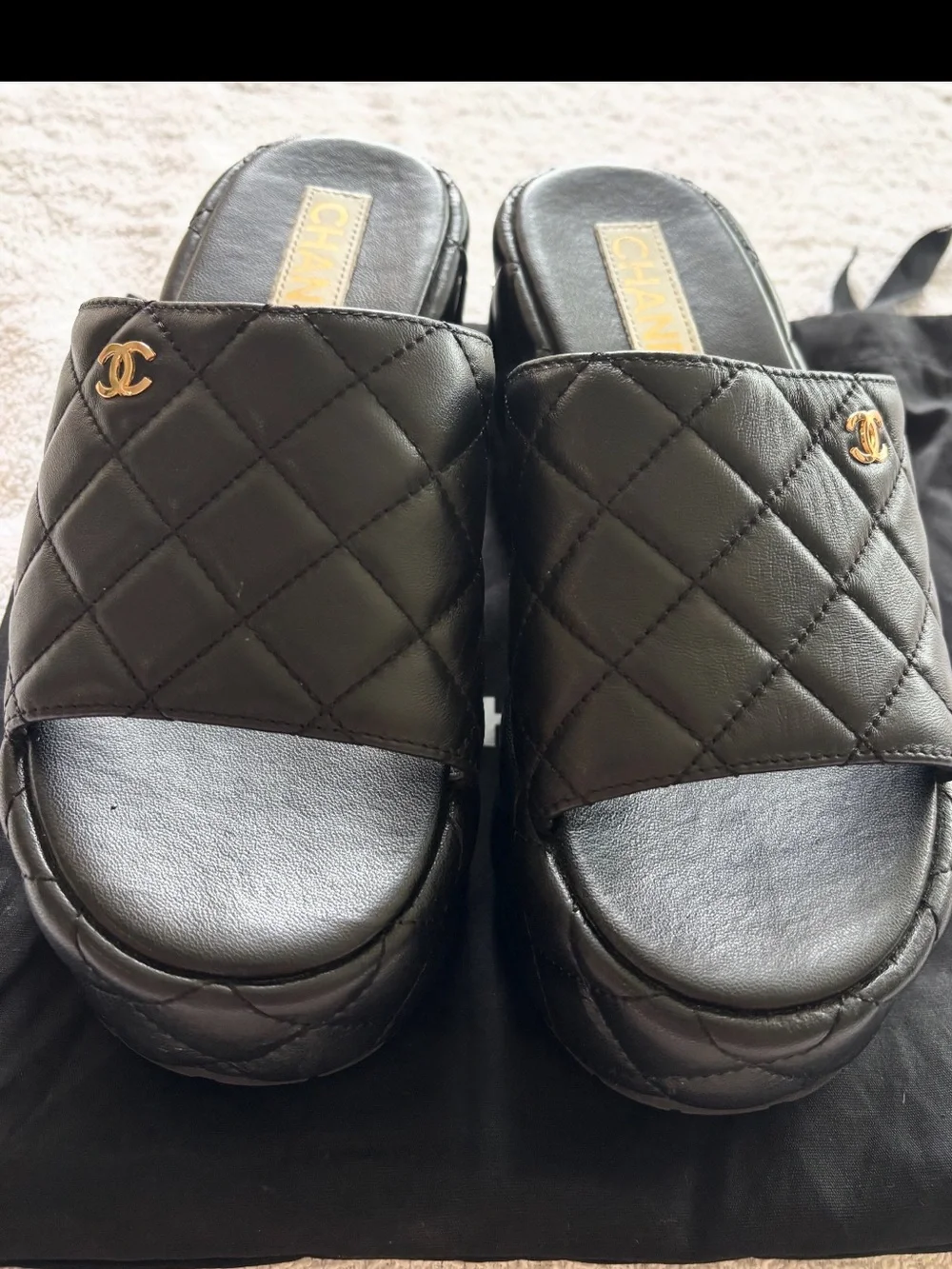 CHANEL Black Quilted Lambskin CC Platform Mules